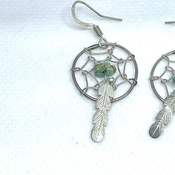 925 Sterling Silver Dreamcatcher Turquoise Feather Earrings Hook Closure - Picture 2 of 4